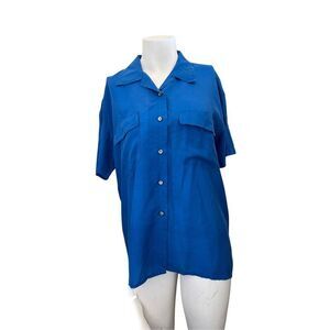 SMW M 100% silk bright royal blue button up shirt short sleeve